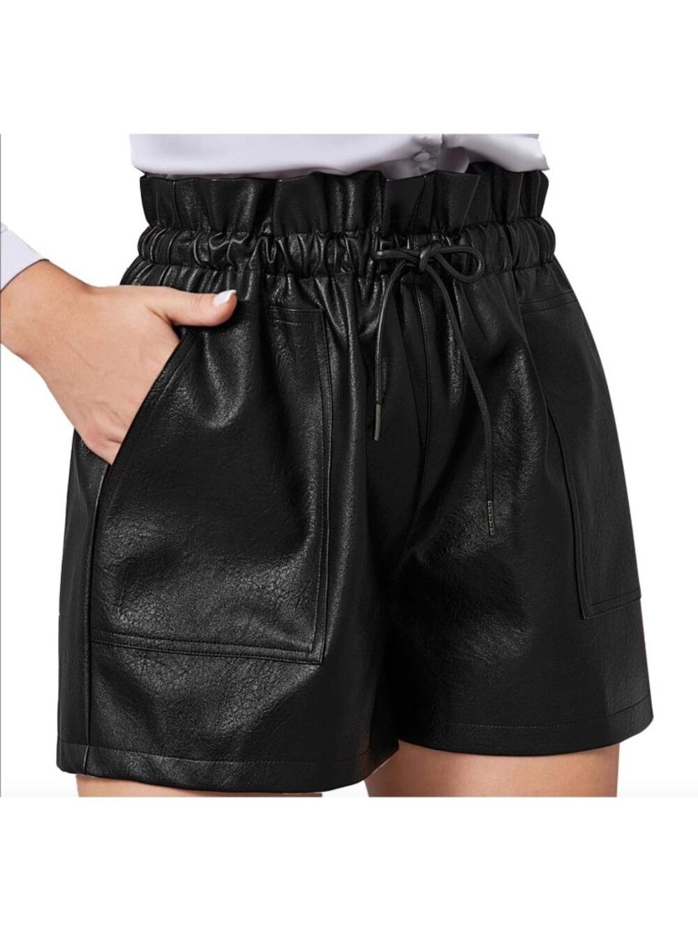 High Waisted Wide Leg Black Faux Leather Shorts Drawstring Size M Pockets Sexy